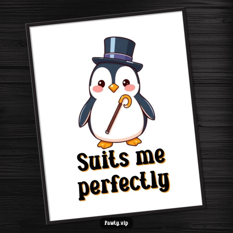 Funny digital art print of a stylish penguin character holding a tiny top hat and cane, exuding dapper charm.