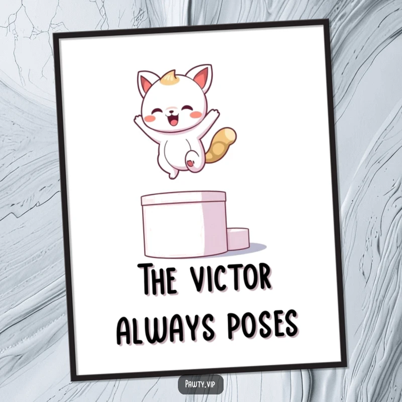 Funny kawaii animal character leaping onto a podium, striking a victorious pose - digital funny art.