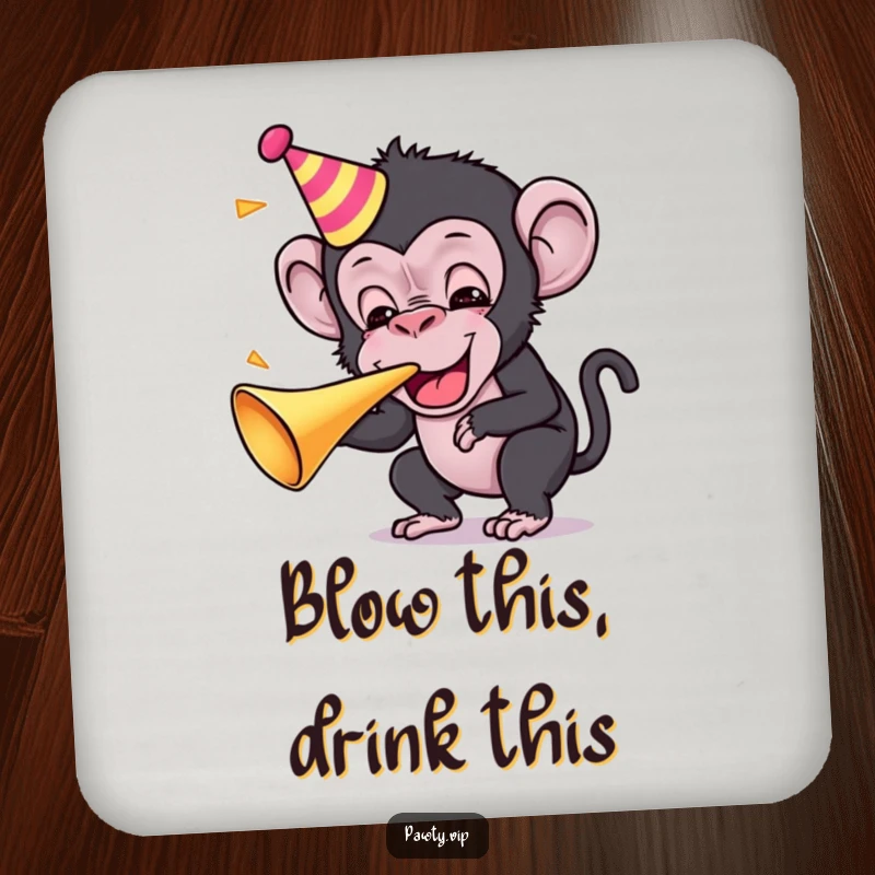 Funny Kawaii chimpanzee character blowing a party horn on a drink coaster, adding festive fun.