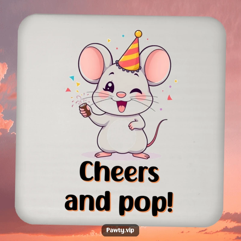 Funny mouse coasters, a set of drink coasters featuring a cheerful mouse with a party popper.