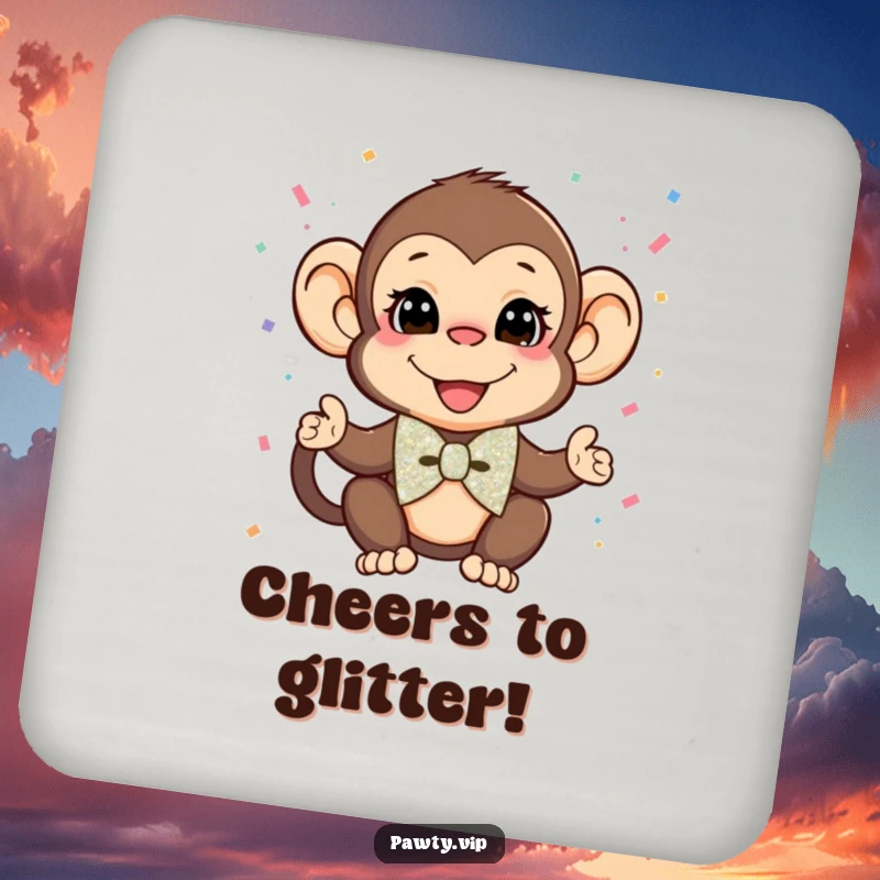 Funny Monkey Coaster: A stylish monkey in a glitter bow tie throws confetti, a humorous and practical addition to any drink setup.