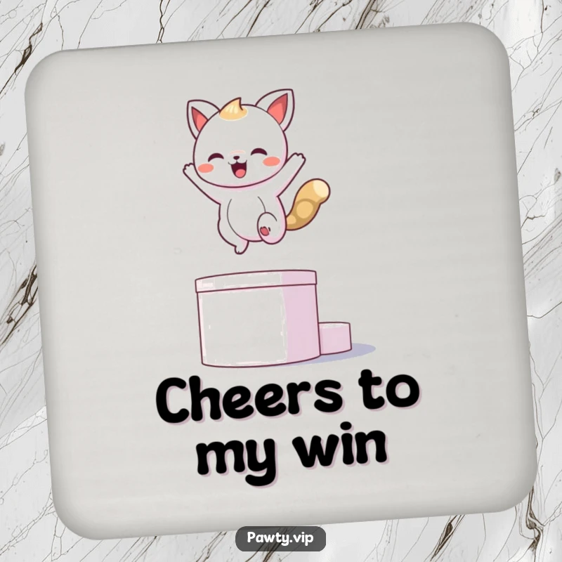Funny kawaii animal character striking a pose on a podium, on a protective funny drink coaster.