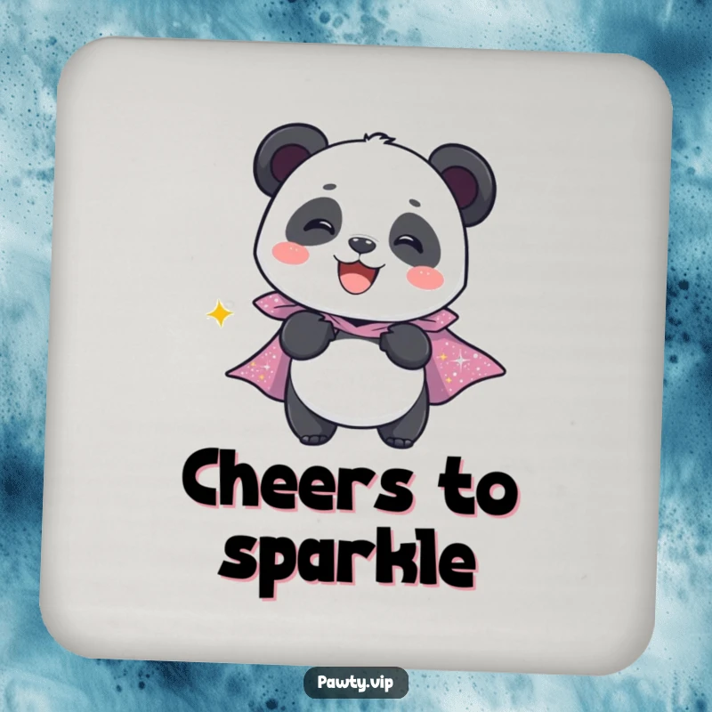 Funny drink coaster with a giggling panda character wearing a sparkly cape, designed for surface protection and charm.
