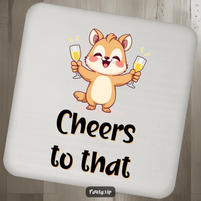 Funny animal character juggling champagne flutes, a set of funny and festive coasters.
