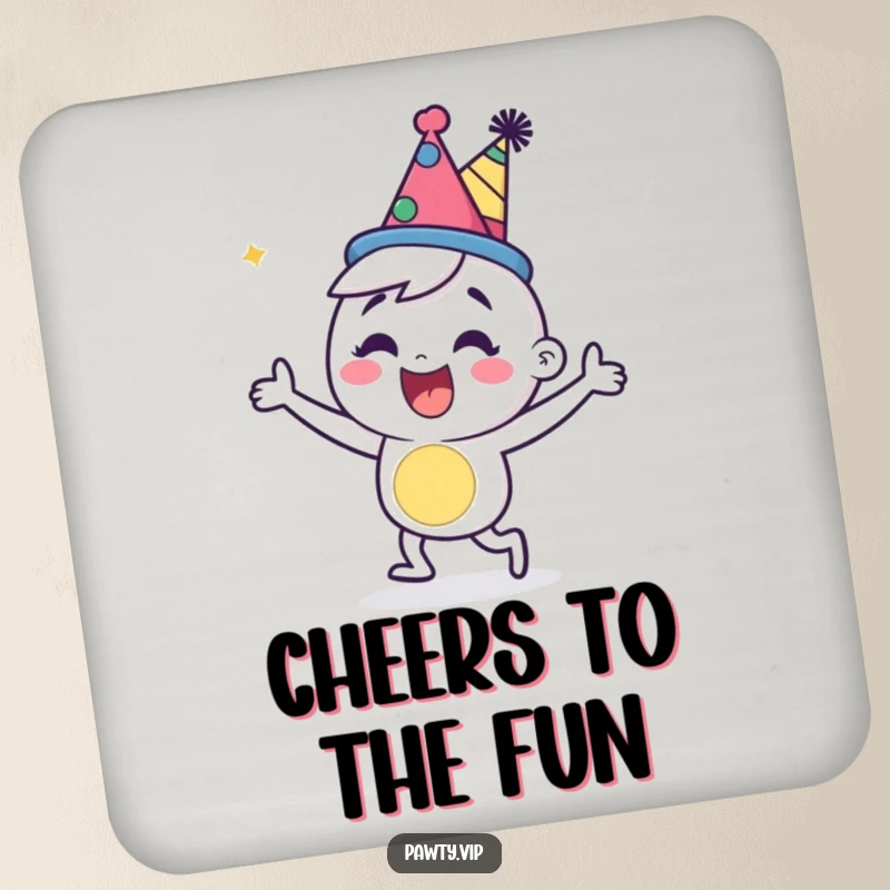 Happy cartoon character wearing a party hat, dancing energetically on a fun drink coaster.