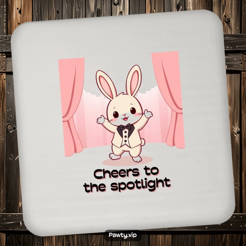 Funny tuxedo rabbit character dancing with flair on a stage, presented on coasters for a humorous touch to any tabletop.