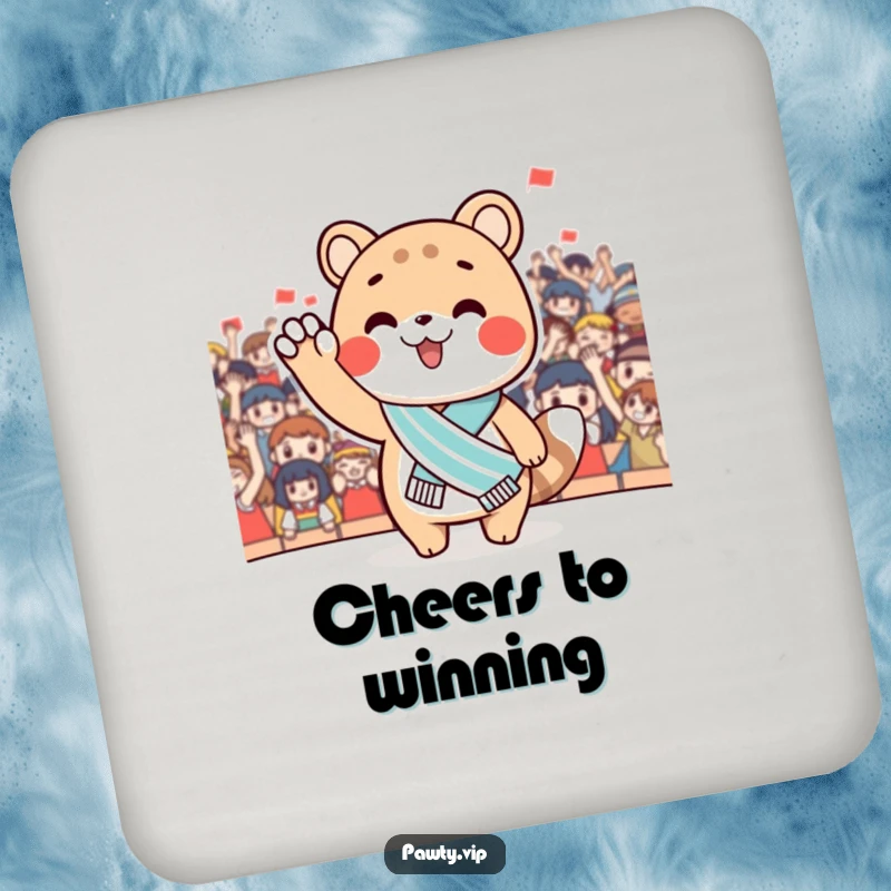 Funny Coaster featuring a cute animal with a miniature sash, waving at a cheering crowd. Protects surfaces with humorous victory.