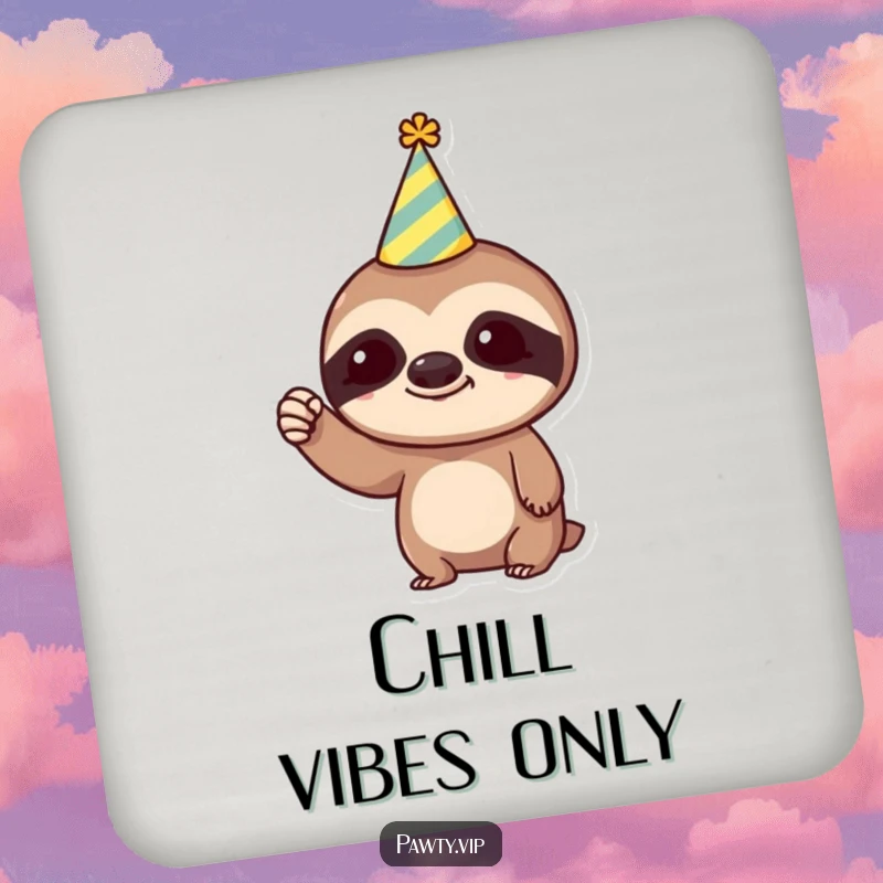 Funny Coasters: Trendy sloth in a party hat, humorously raising a tiny fist, protecting surfaces with a touch of slow-motion celebration.