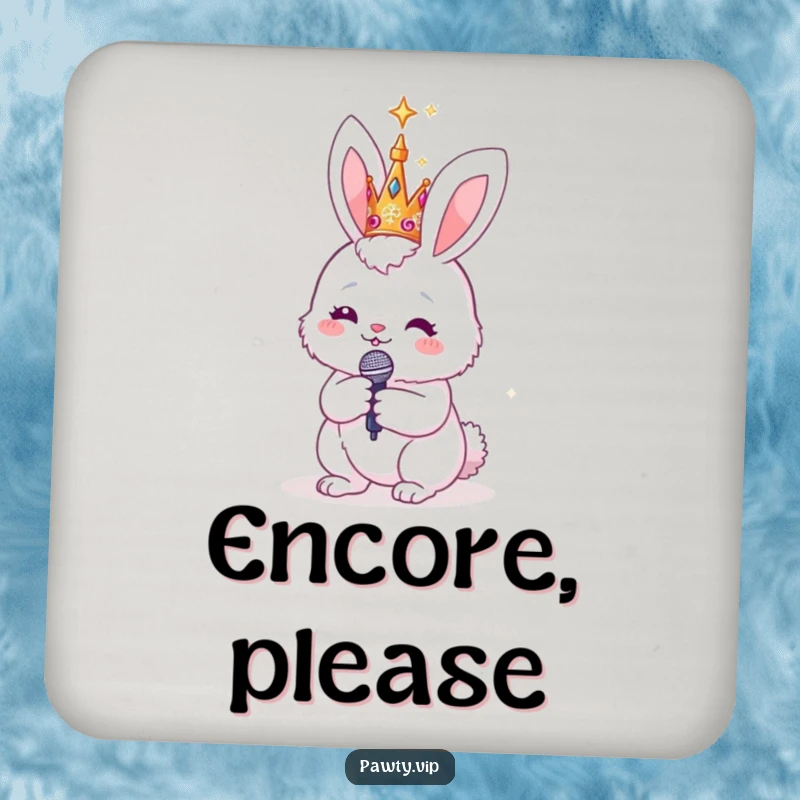 Funny fluffy bunny with a sparkly crown and microphone, on a drink coaster, adding a touch of glam and protection for beverages.