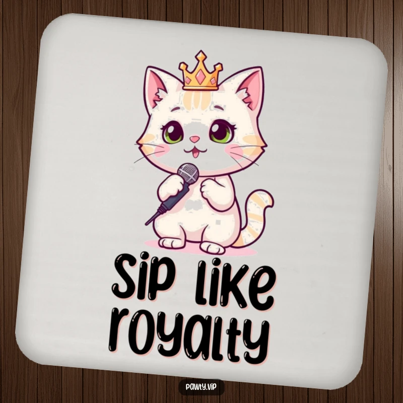 Funny Cat Coasters showcasing a cat wearing a sparkly crown and holding a microphone, adding star quality to drinks.