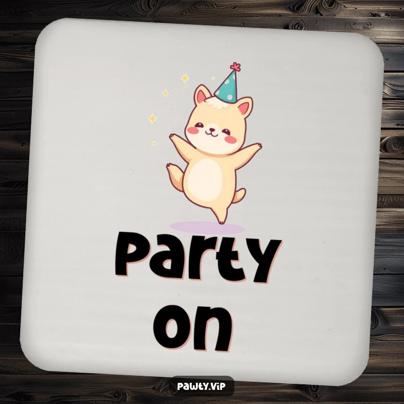 Funny animal character dancing with sparkles and wearing a party hat, a set of funny and festive coasters.