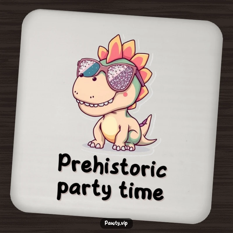 Funny dinosaur drink coasters with oversized, sequined sunglasses, a set of cool reptiles for surface protection.