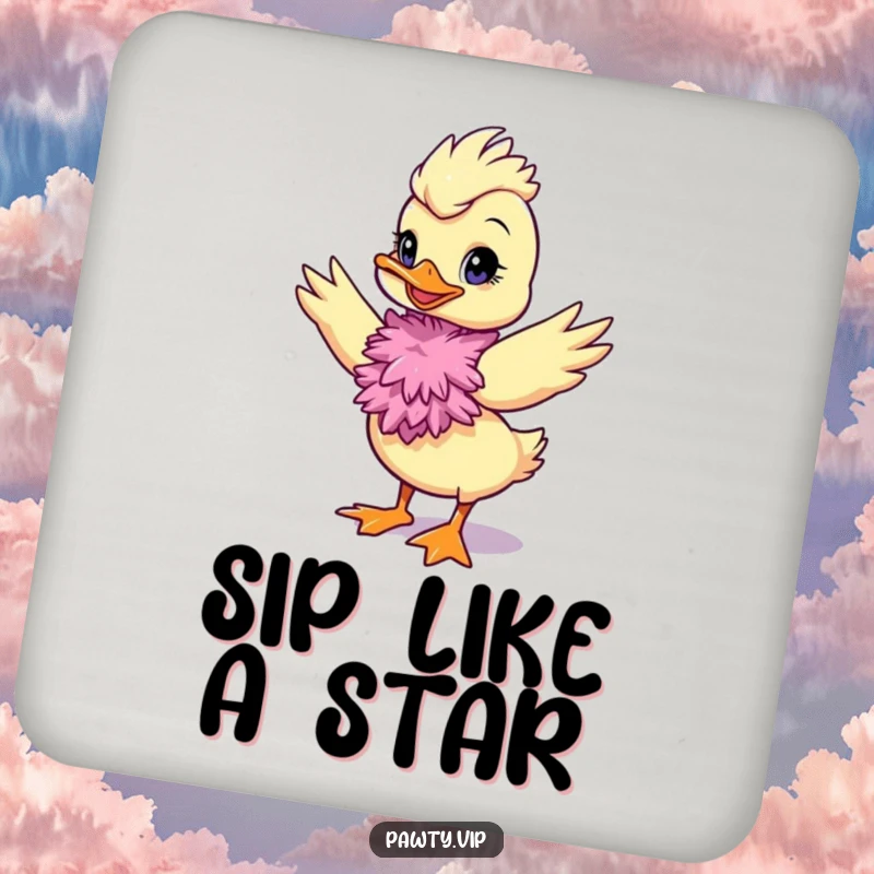 Funny duck diva coasters with a feather boa, offering glamorous and humorous protection for drinks.