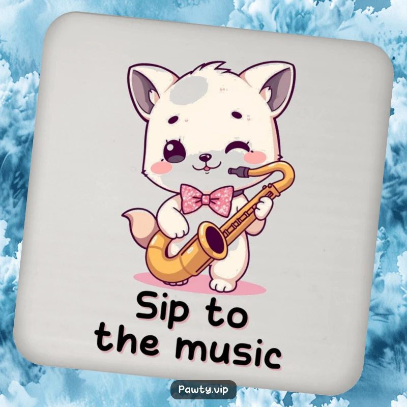 Funny kawaii animal character in a sparkly bowtie playing a saxophone, featured on a funny drink coaster.