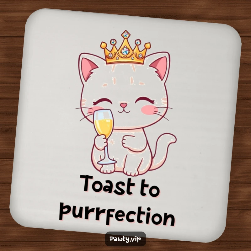 Funny Kawaii cat character wearing a sparkling crown, holding a champagne flute, on a protective and decorative drink coaster.