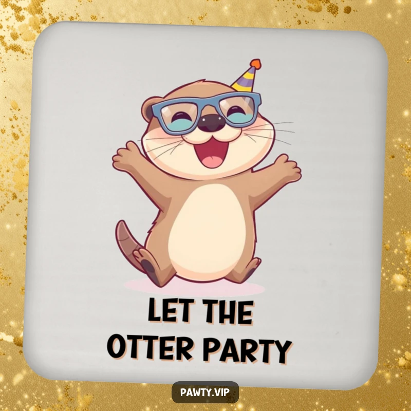 Funny Otter Drink Coaster showing a joyful otter wearing tiny party glasses, leaping with excitement.