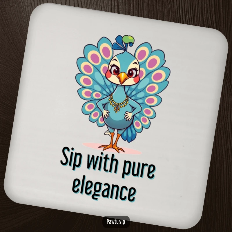 Funny Drink Coaster showcasing a glamorous peacock character strutting with confidence, adding a stylish flair to any table.
