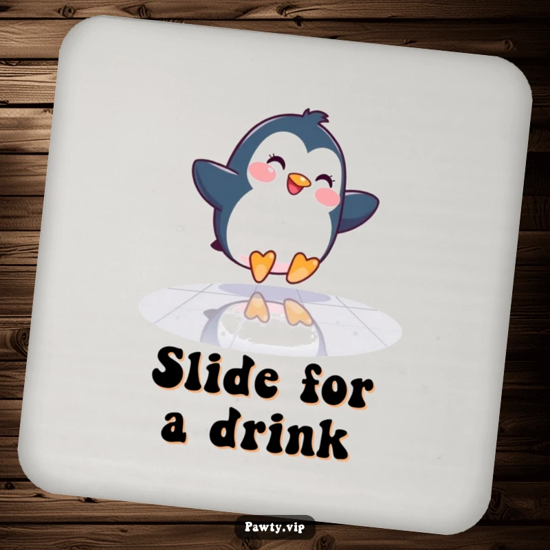 Funny Penguin Coaster: A happy penguin slides across a mirrored dance floor, a humorous and groovy accessory for protecting your drinks.
