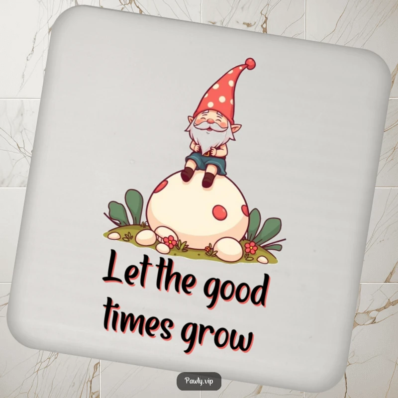 Funny Drink Coaster featuring a cheerful gnome wearing a party hat, riding a giant mushroom, protecting surfaces.
