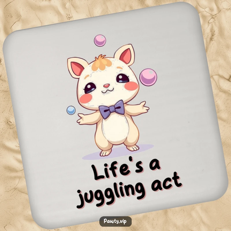 Funny Coaster featuring a dapper creature in a bow tie, juggling shiny spheres. Protects surfaces with humorous elegance.