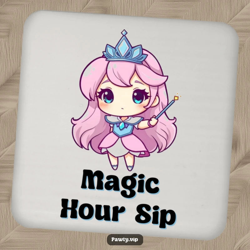 Funny tiara coasters featuring a character wearing a sparkling tiara and waving a magic wand, perfect for protecting tables.