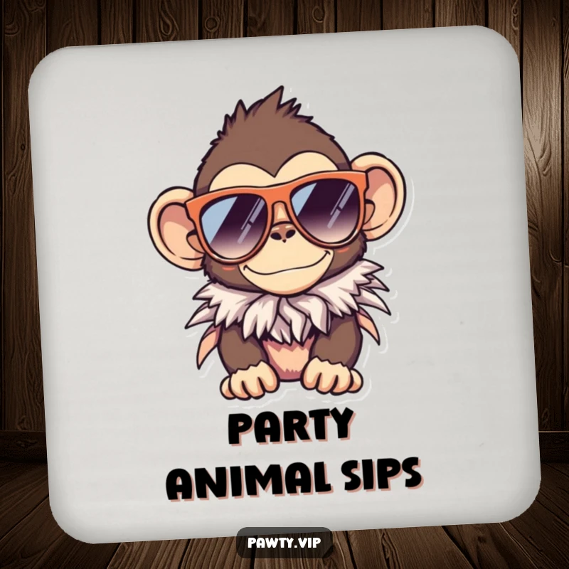 Funny monkey coasters, a set of drink coasters featuring a monkey in sunglasses and boa.