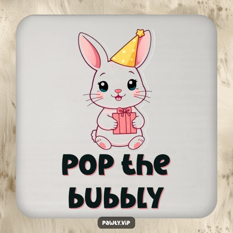 Funny rabbit party coasters with a hat and gift box, perfect for humorous and festive table protection.