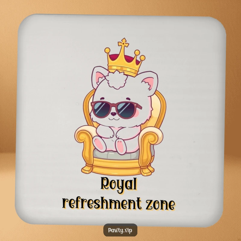 Funny kawaii animal wearing a crown and sunglasses on a miniature throne, a set of funny royal coasters.