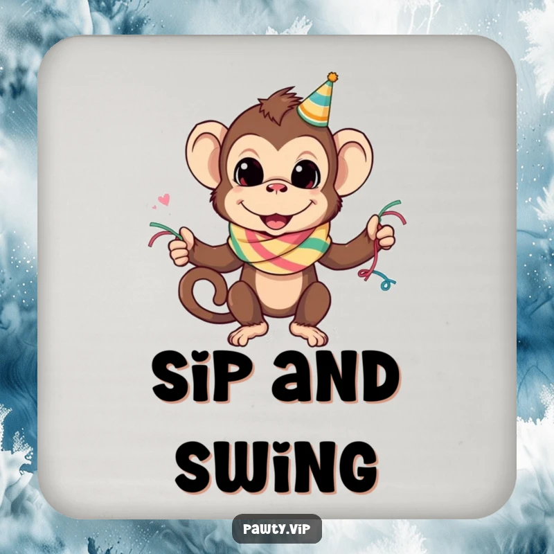 Funny monkey wearing a party streamer scarf, depicted on a drink coaster, ideal for a funny gift.