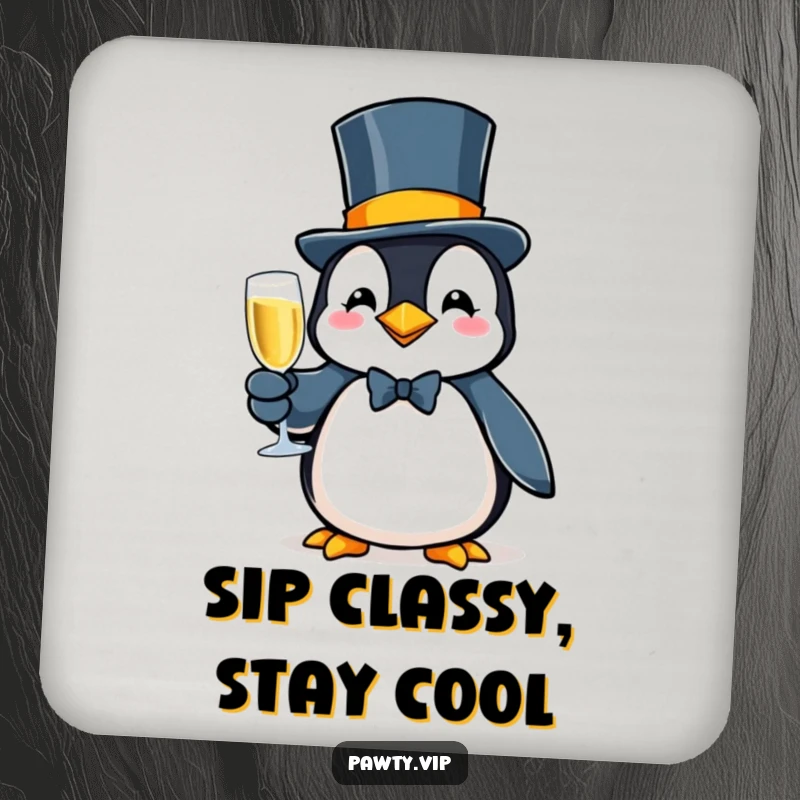 Fancy penguin character in a top hat, holding bubbly, adorning these humorous and protective drink coasters.
