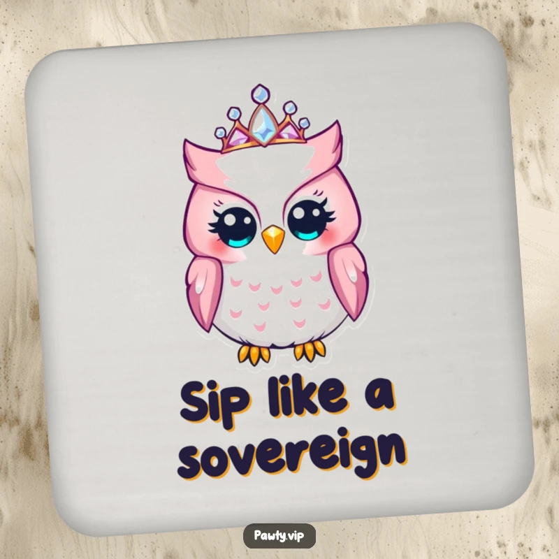 Funny Owl Coaster: A delighted owl wearing a jeweled tiara, a humorous and regal accessory for protecting your drinks.