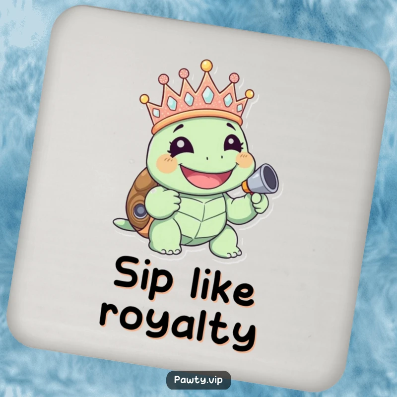 Funny giggling turtle wearing a glittery crown and holding a noisemaker, on a drink coaster, perfect funny gift.