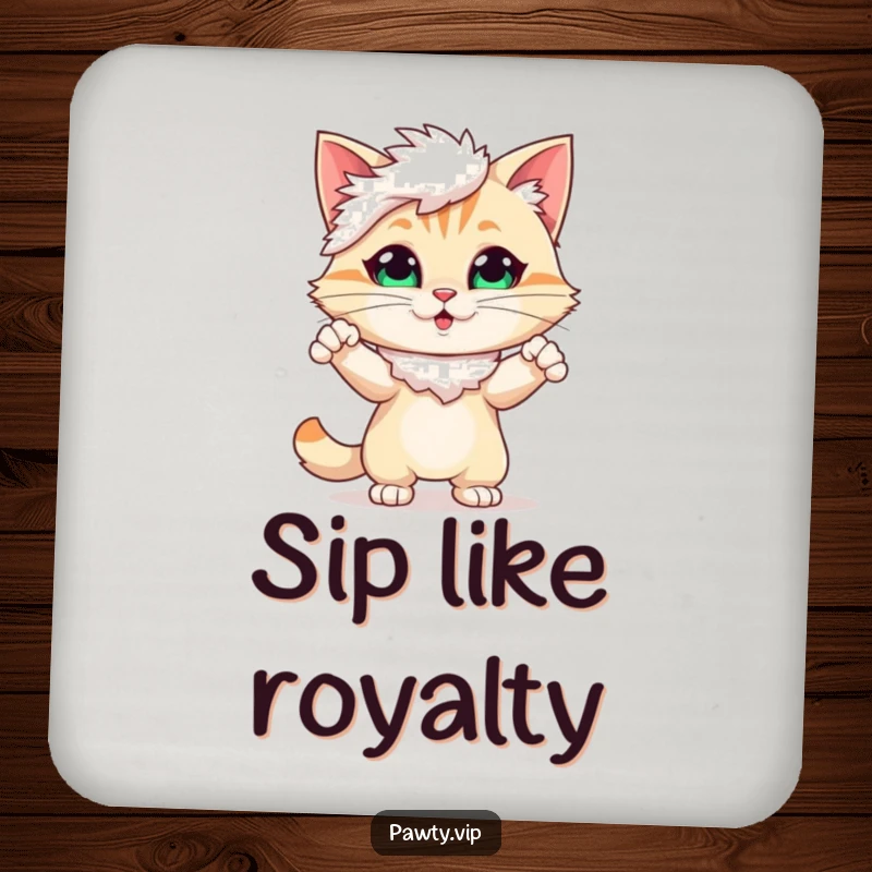 Funny Coaster with a cute cat character wearing a feather boa, striking a dramatic and stylish pose for your drinks.