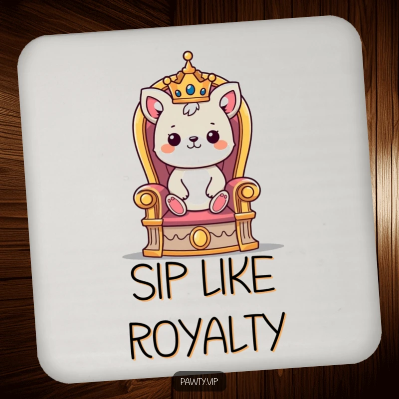 Funny drink coaster featuring a cute animal character in a crown, sitting regally on a throne.