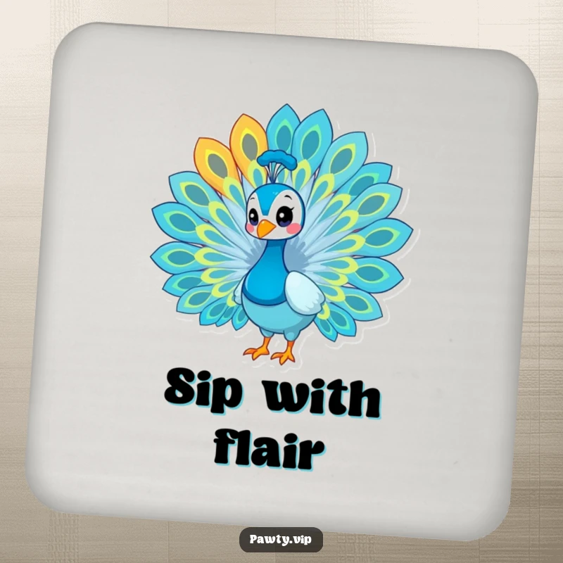 Funny peacock coasters, a set of drink coasters featuring a proud peacock fanning its colorful feathers.