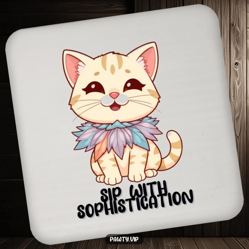 Funny drink coaster featuring a giggling cat character humorously sporting a tiny, flamboyant feather boa necklace, protecting surfaces.