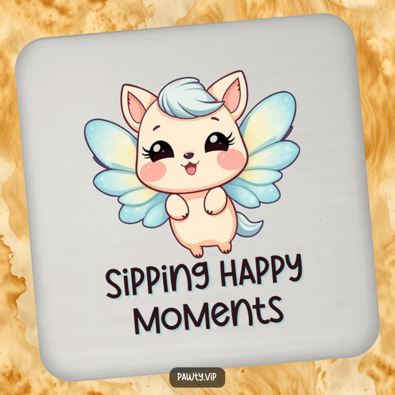 Funny Coaster featuring a happy animal with shimmering glittery wings, joyfully fluttering. Adds sparkle and protection to any surface.