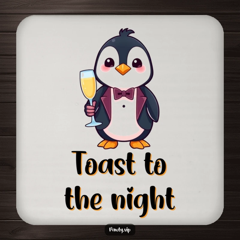 Funny penguin coasters, a set of drink coasters featuring a penguin in a tuxedo holding champagne.