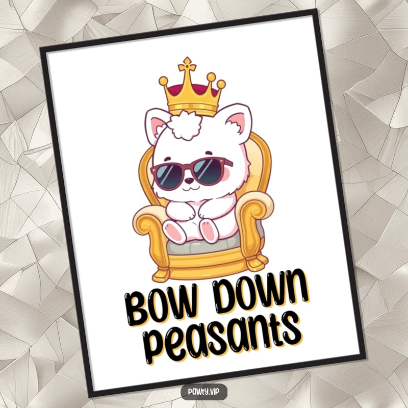 Funny kawaii animal in tiny crown and sunglasses, lounging on a miniature throne, displayed as wall art.