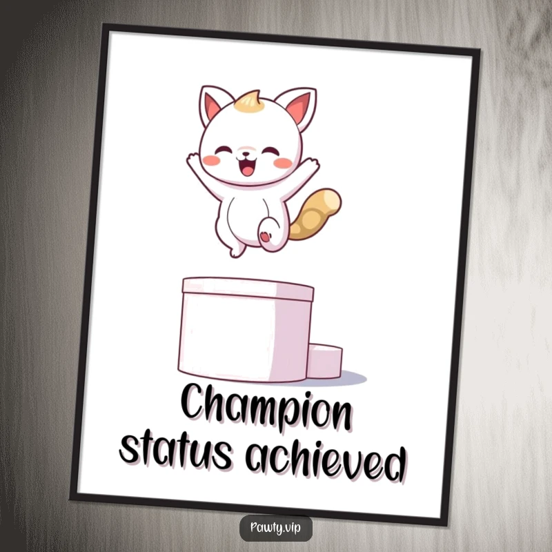 Funny kawaii animal character striking a winning pose on a podium, depicted as funny wall art.