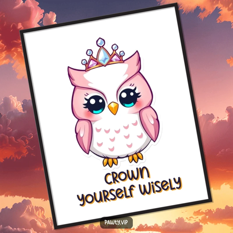 Funny Owl Poster: A delightful owl wearing a sparkling jeweled tiara, bringing regal humor and charm to your wall.