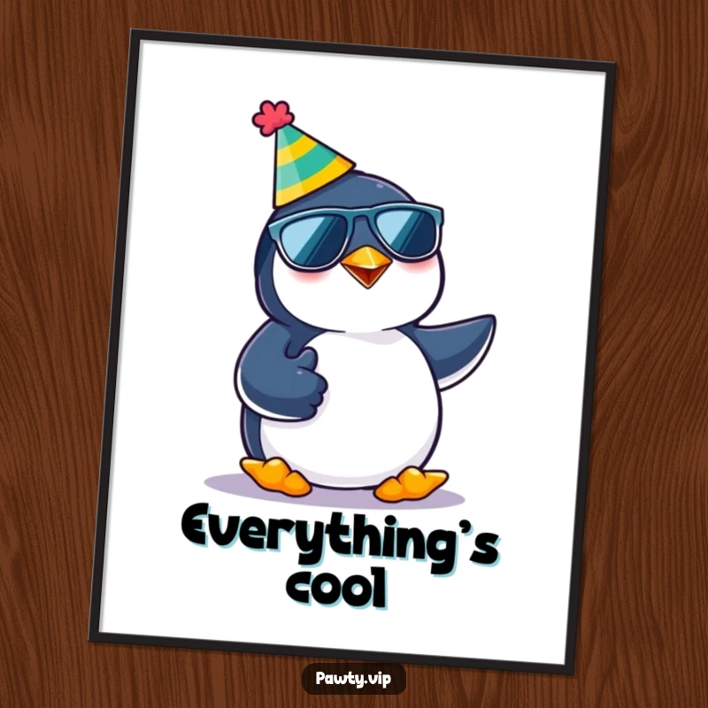 Funny kawaii penguin character in party gear giving a thumbs up, depicted as a poster for humorous and cool wall decoration.