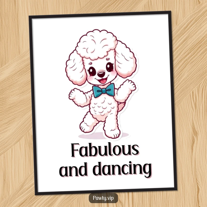Funny cute poodle wearing a fancy bow tie, dancing energetically, depicted in a poster, bringing sophisticated and playful canine art to any room.