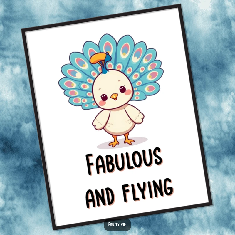 Funny Kawaii peacock character smiling proudly, fanning its vibrant tail feathers, a beautiful wall art.