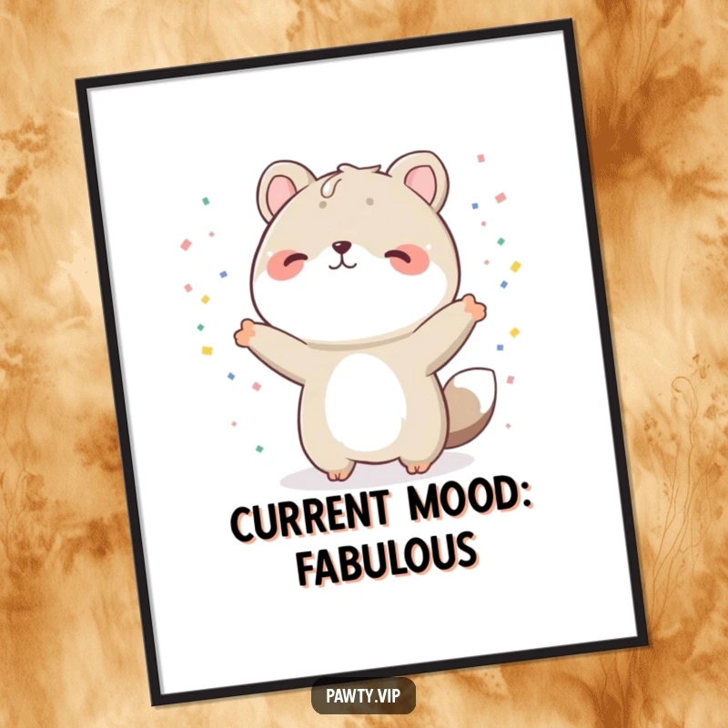 Funny animal poster, a joyous character striking a celebratory pose amid a shower of tiny confetti, brightening any space as a funny gift.