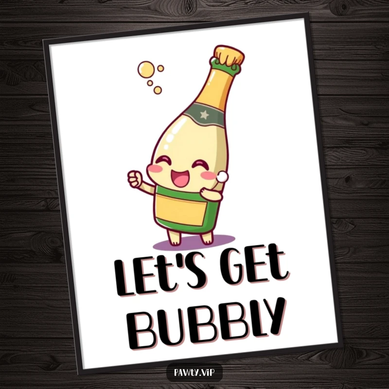 Funny champagne bottle character popping its cork with a joyful expression, depicted in a poster, adding immediate celebratory ambiance.