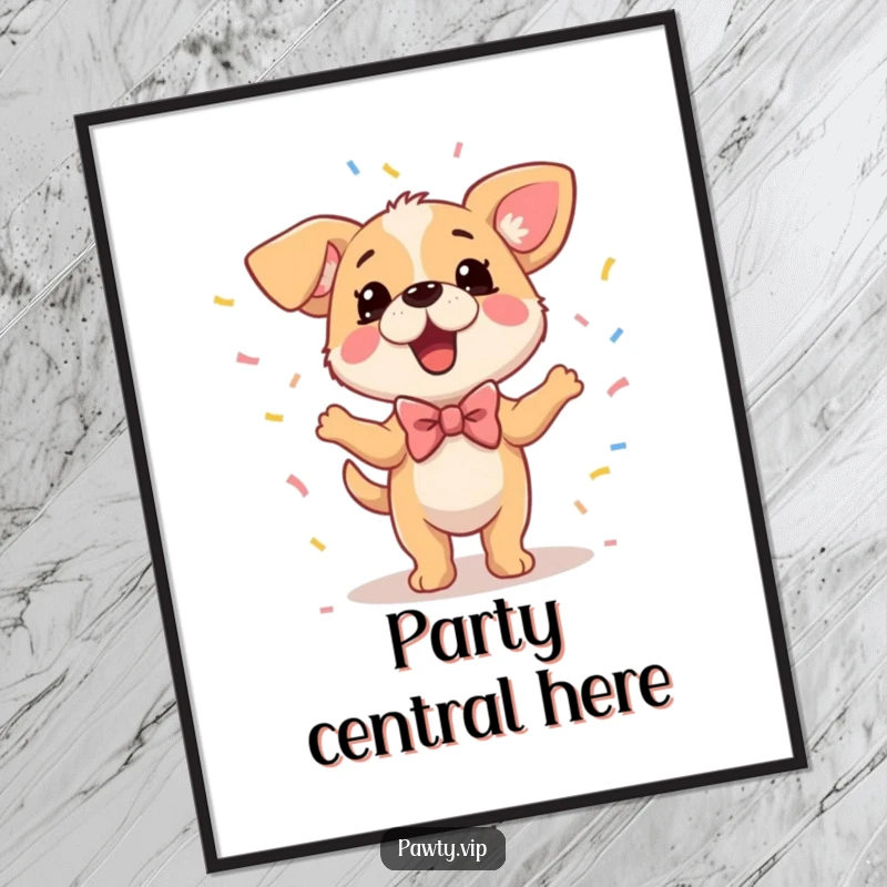 Funny Dog Poster of a dog wearing a bowtie and dancing joyfully amidst a shower of colorful confetti.