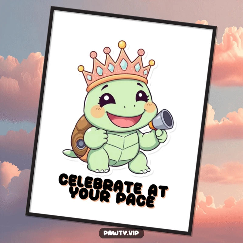 Funny giggling turtle wearing a sparkly crown and holding a noisemaker, on a poster, perfect funny gift.