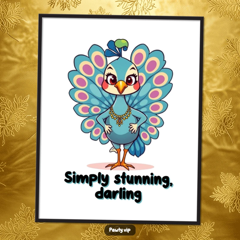 Funny Poster of a glamorous peacock character strutting confidently with a proud smile, its magnificent tail feathers on full display.