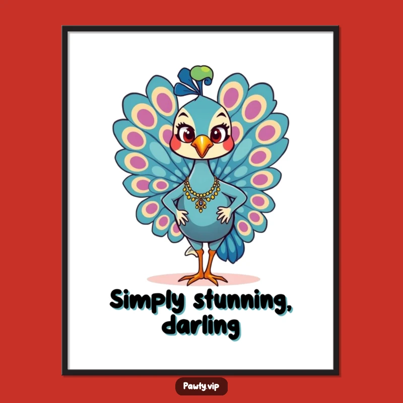 Funny Glamorous Peacock Art Print: Confident Strutting Bird Poster, Humorous Decor Gift